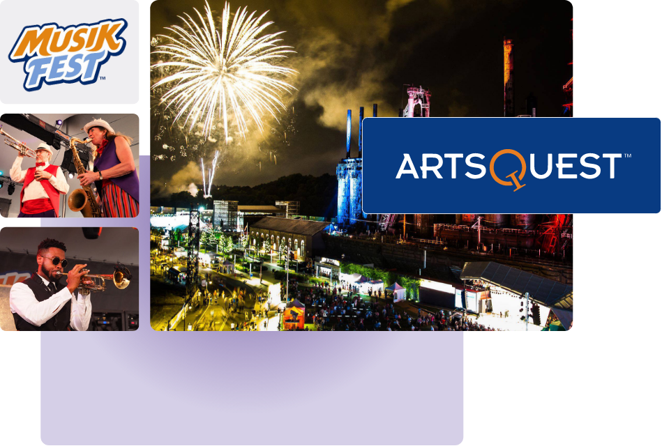 Arts Quest image cluster featuring cityscape and musical instruments. 